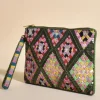 Adorne Beaded Weave Pattern Clutch Green
