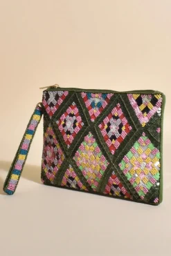 Adorne Beaded Weave Pattern Clutch Green