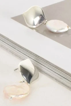 Adorne Button Top Pearl Drop Earrings | Silver