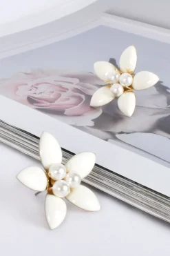Adorne Enamel Pearl Daisy Stud Earrings | White & Gold