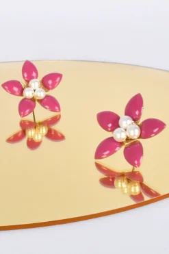 Adorne Enamel Pearl Daisy Stud Earrings | Hot Pink & Gold