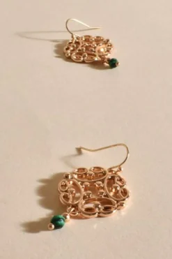 Adorne Fallon Stone Drop Filigree Hook Earrings | Green/Gold