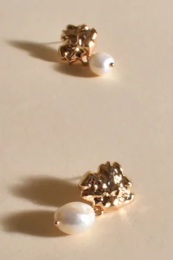Adorne Organic Shape Pearl Drop Earrings | Gold/Cream