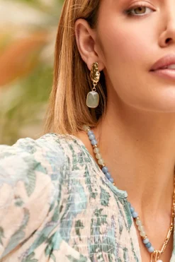 Adorne Textured Button Top Stone Drop Earring | Seagreen