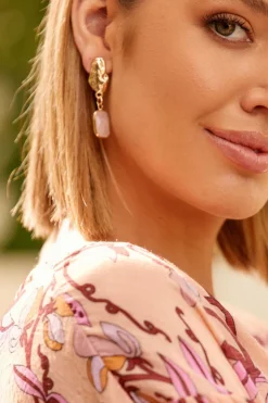 Adorne Textured Button Top Stone Drop Earring | Pink
