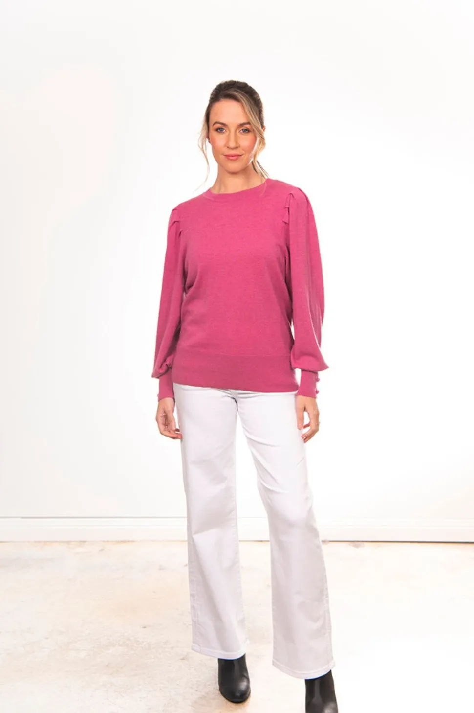 Bridge & Lord Crew Neck Pullover With Puff Sleeve | Pink Rose