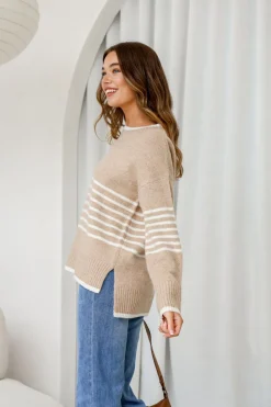 Fashion Express Dana Half Stripe Knit | Camel/White