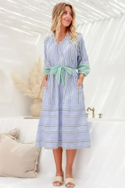 Fashion Express Taormina Tie Stripe Dress | Blue/Green