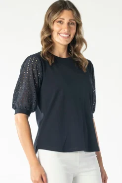 Maglia Victoria Embroidered Sleeve Top | Black