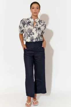 Nisha Cropped Linen Pant | Navy