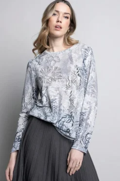 Picadilly Crew Neck Printed Top | Grey/Off White