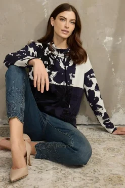 Picadilly Funnel Neck Floral Jacquard Top | Navy/Off White