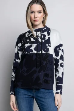 Picadilly Funnel Neck Floral Jacquard Top | Navy/Off White