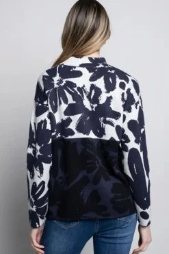 Picadilly Funnel Neck Floral Jacquard Top | Navy/Off White