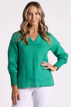 Silvermaple Collection Carrie Linen V-Neck Top | Emerald