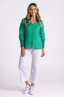 Silvermaple Collection Carrie Linen V-Neck Top | Emerald