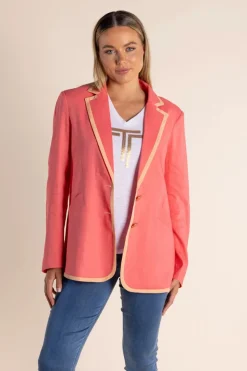 Two T's Linen Mix Blazer With Contrast Trim | Spring Pink/Mandarin Trim